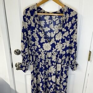 Zara Floral Tiered Maxi Peasant Dress Blue/White Smocked‎ Sleeve Women Sz Small